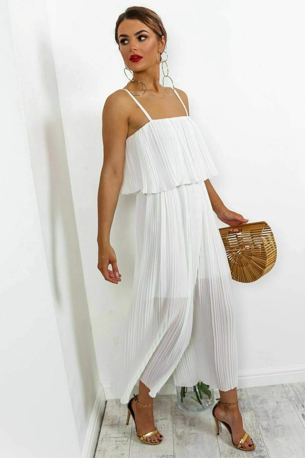 Women's Sleeveless Pleated Soft Fabric Strap All in One Jumpsuit Ladies Dress Playsuit