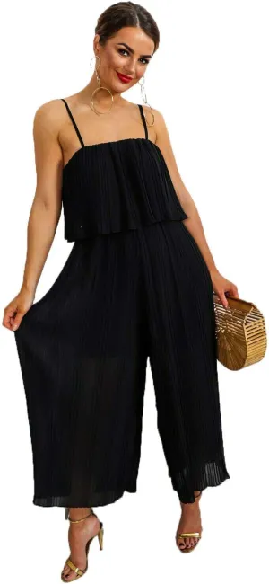 Women's Sleeveless Pleated Soft Fabric Strap All in One Jumpsuit Ladies Dress Playsuit