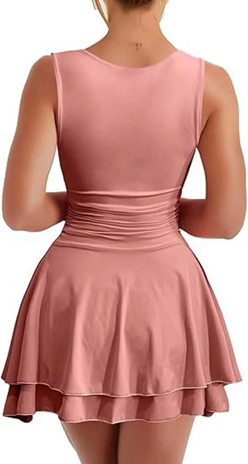 Women's Square Neck Sleeveless Mini Dress Ruched Waist Tiered Ruffle Hem A Line Short Dresses Summer Tank Slim Dress