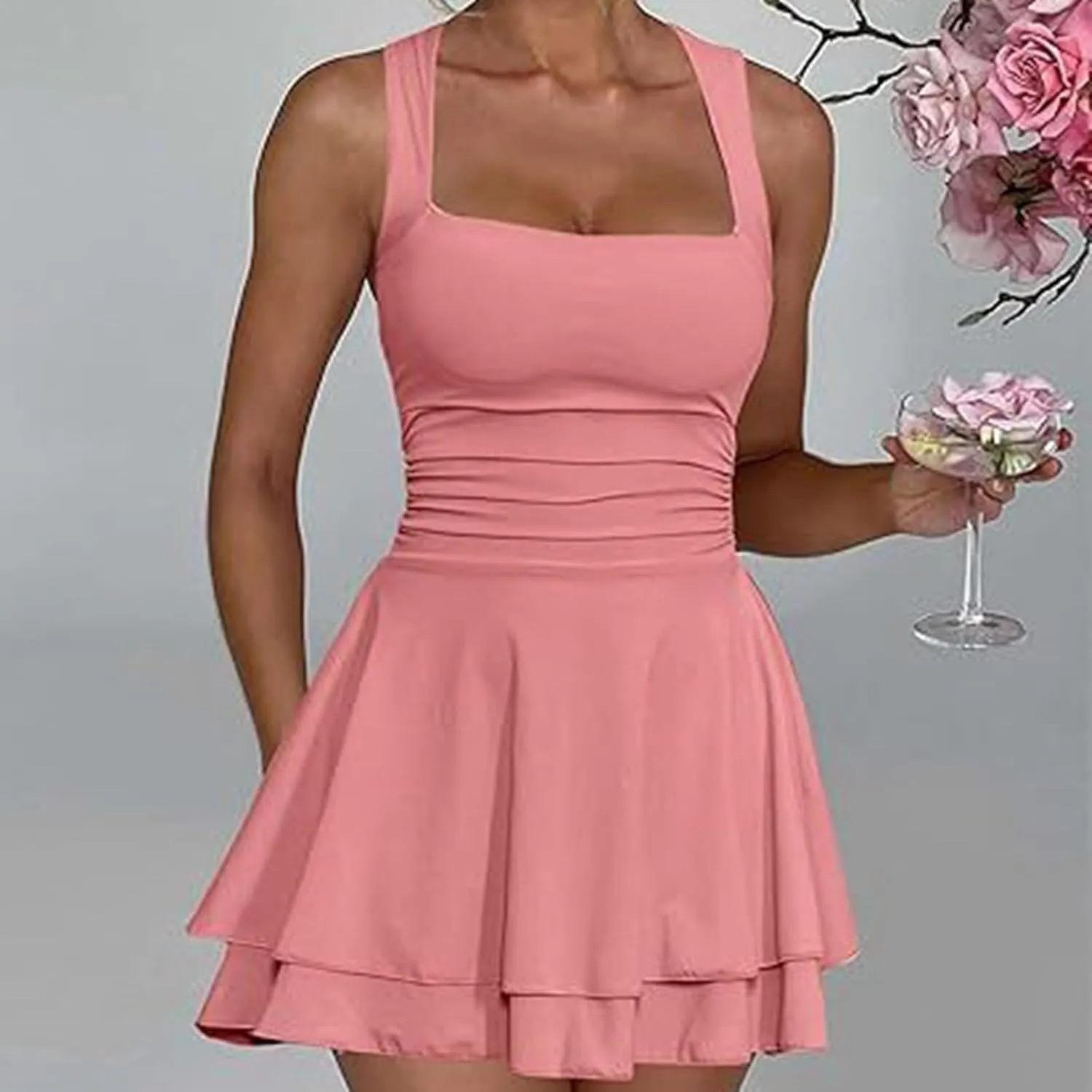 Women's Square Neck Sleeveless Mini Dress Ruched Waist Tiered Ruffle Hem A Line Short Dresses Summer Tank Slim Dress