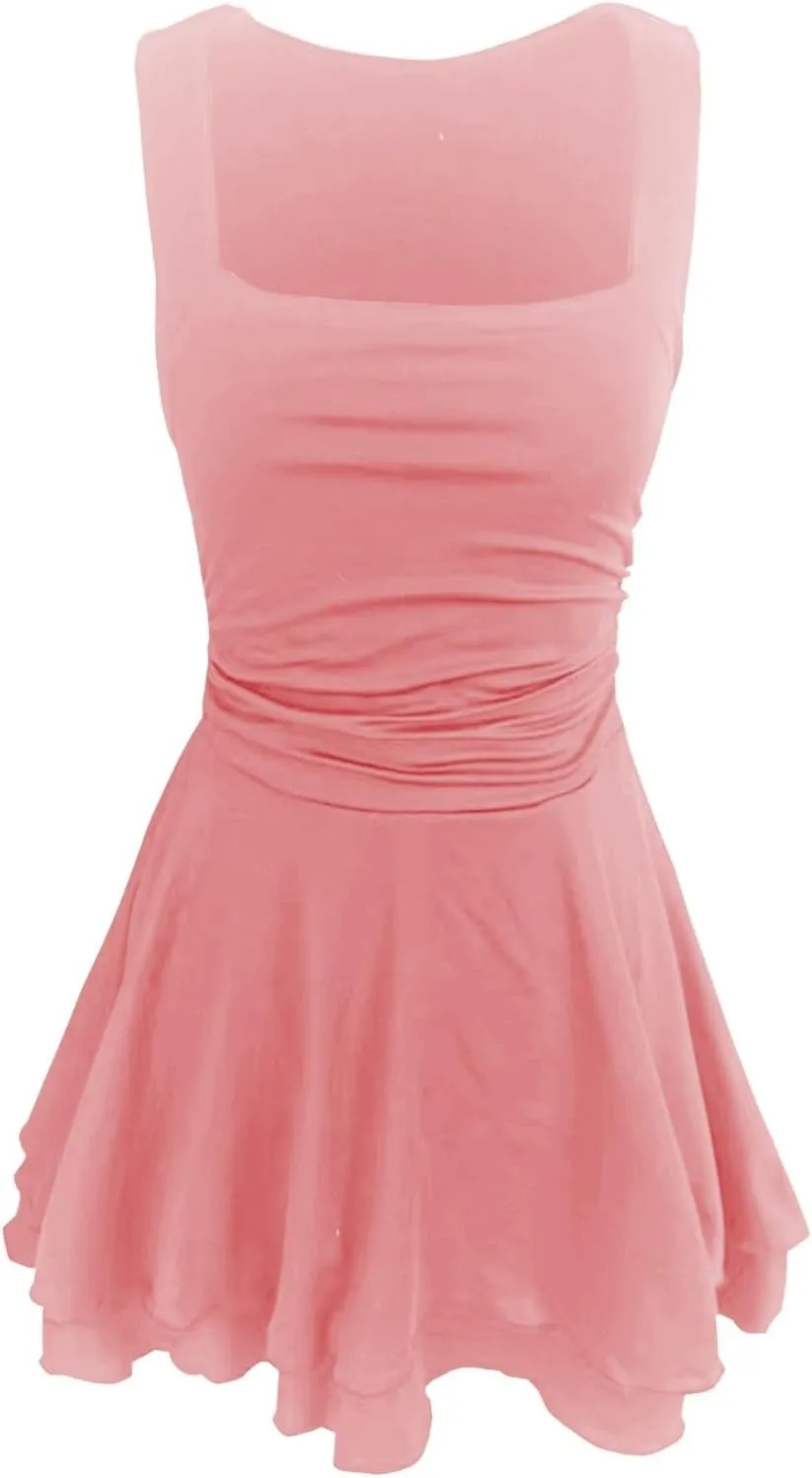 Women's Square Neck Sleeveless Mini Dress Ruched Waist Tiered Ruffle Hem A Line Short Dresses Summer Tank Slim Dress