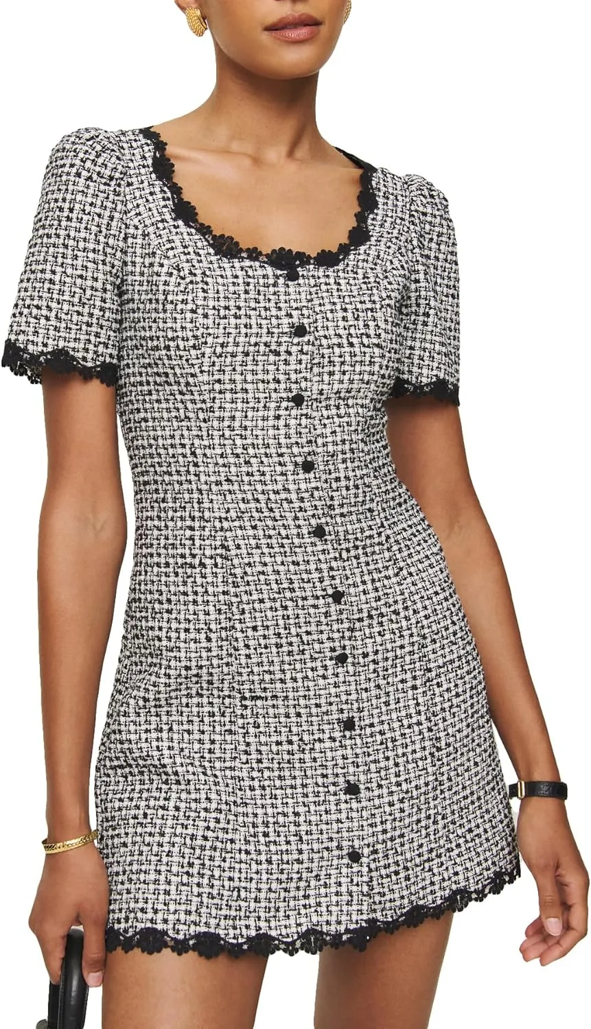 Women's Square Neck Tweed Mini Dress Short Sleeve Button Front Cocktail Party Dress