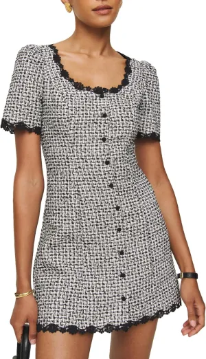 Women's Square Neck Tweed Mini Dress Short Sleeve Button Front Cocktail Party Dress