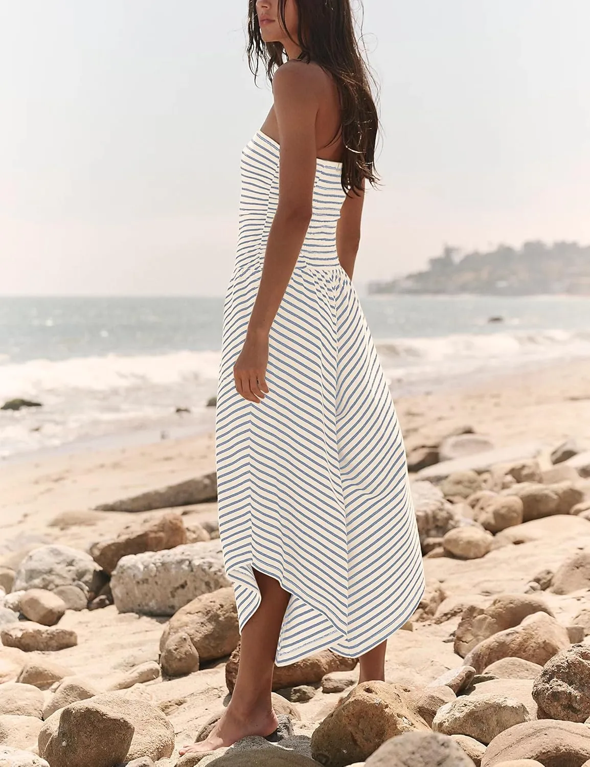 Womens Strapless Striped Jumpsuits Summer Sleeveless Tube Off Shoulder Casual Beach Wide Leg Pants Romper Outfits