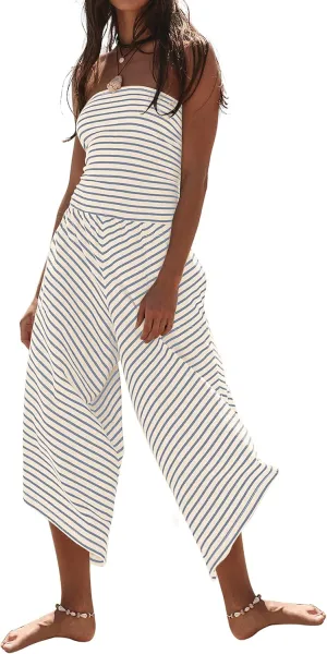 Womens Strapless Striped Jumpsuits Summer Sleeveless Tube Off Shoulder Casual Beach Wide Leg Pants Romper Outfits