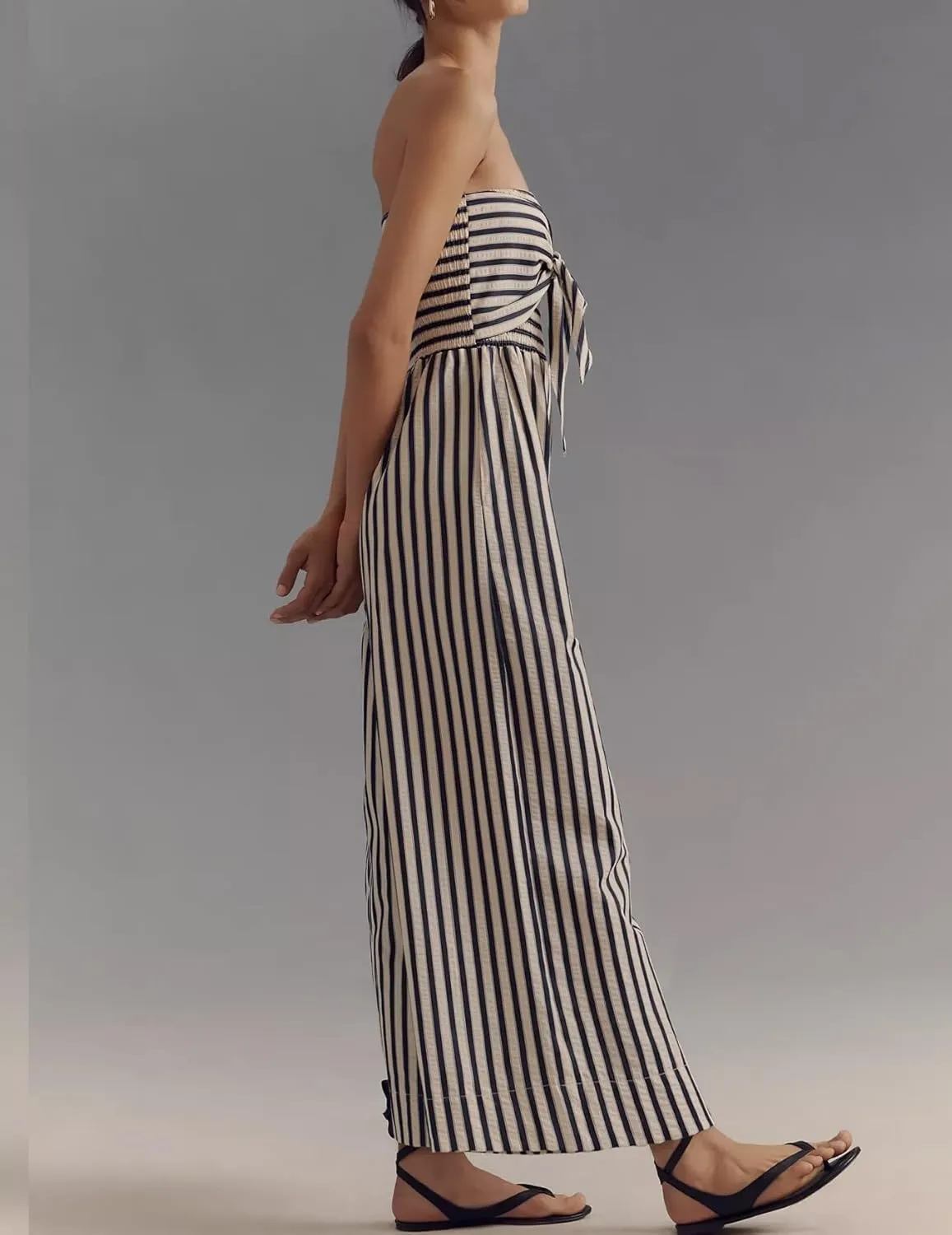 Women's Strapless Tie Front Jumpsuits Striped Off Shoulder Long Rompers Casual Tube Top Wide Leg Pants with Pockets