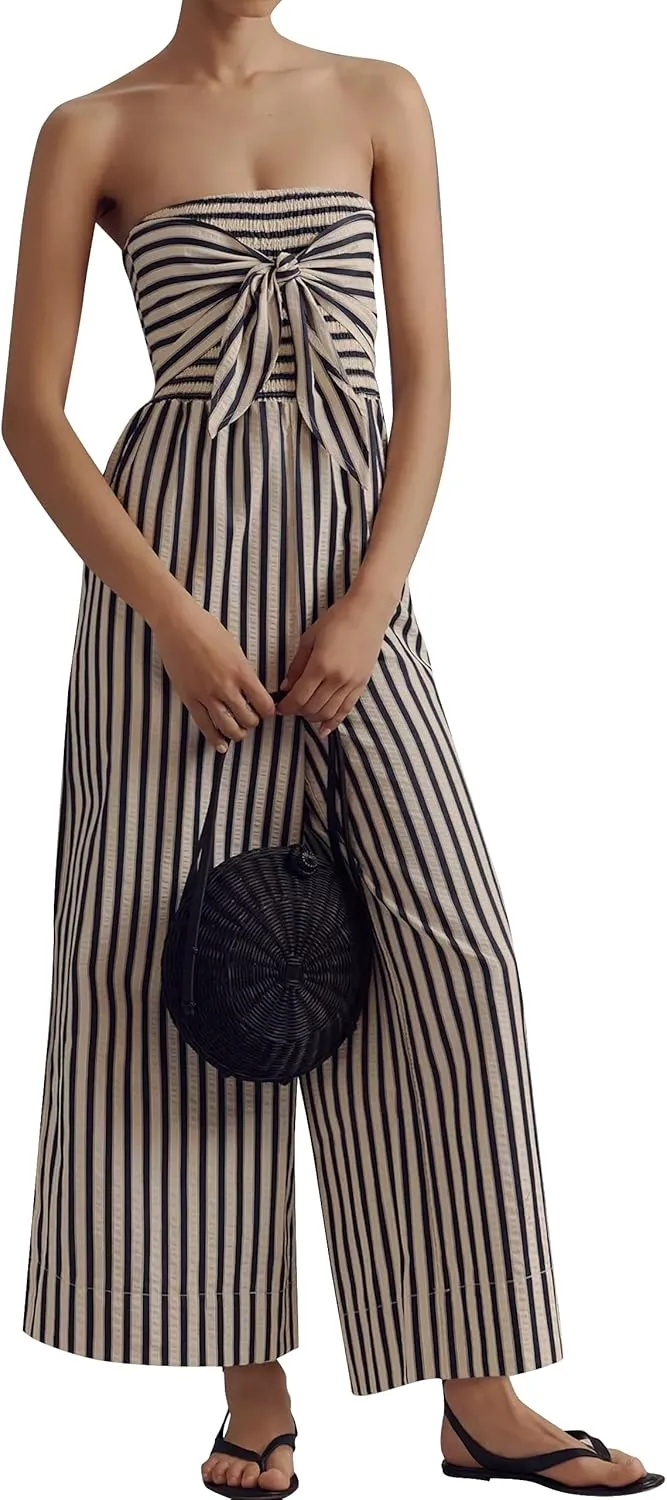 Women's Strapless Tie Front Jumpsuits Striped Off Shoulder Long Rompers Casual Tube Top Wide Leg Pants with Pockets