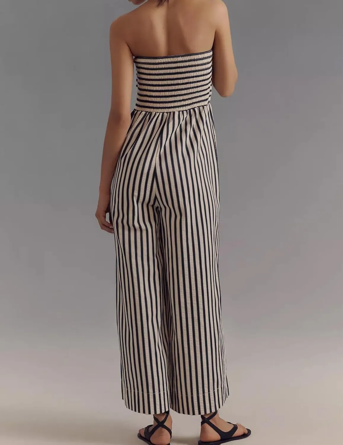Women's Strapless Tie Front Jumpsuits Striped Off Shoulder Long Rompers Casual Tube Top Wide Leg Pants with Pockets