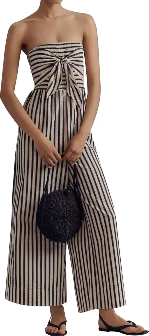 Women's Strapless Tie Front Jumpsuits Striped Off Shoulder Long Rompers Casual Tube Top Wide Leg Pants with Pockets