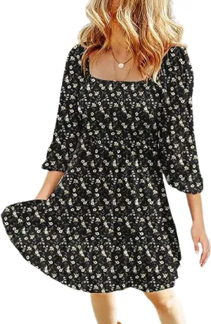 Women's Summer Casual Dresses Boho Floral Square Neck Smocked Swing Pleated Ruffle Beach Mini Babydoll Dress