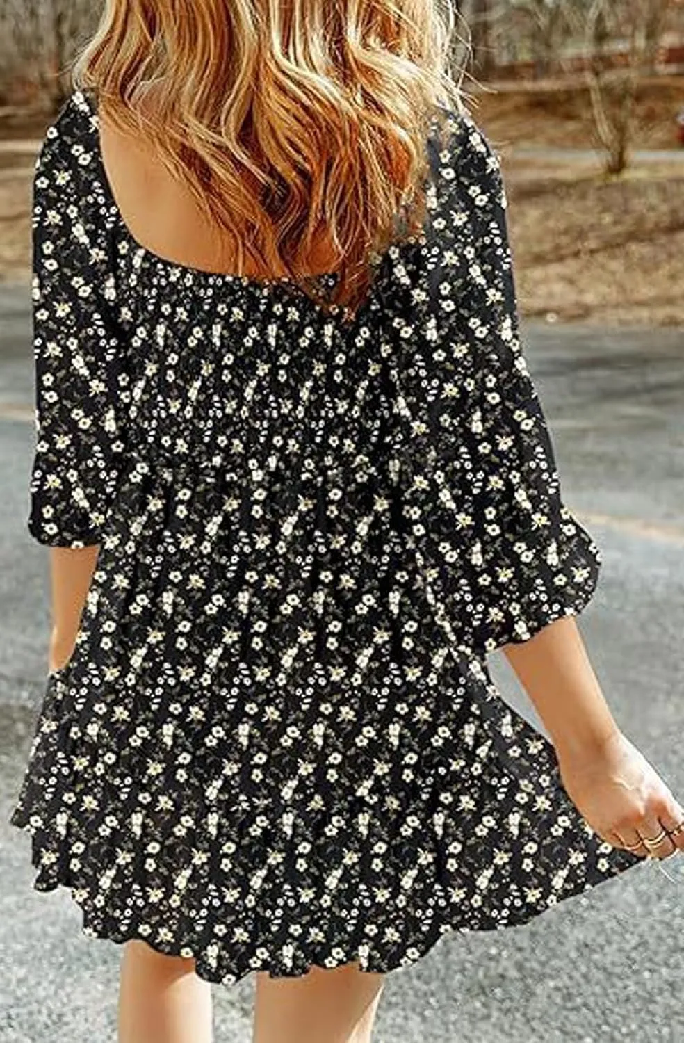 Women's Summer Casual Dresses Boho Floral Square Neck Smocked Swing Pleated Ruffle Beach Mini Babydoll Dress