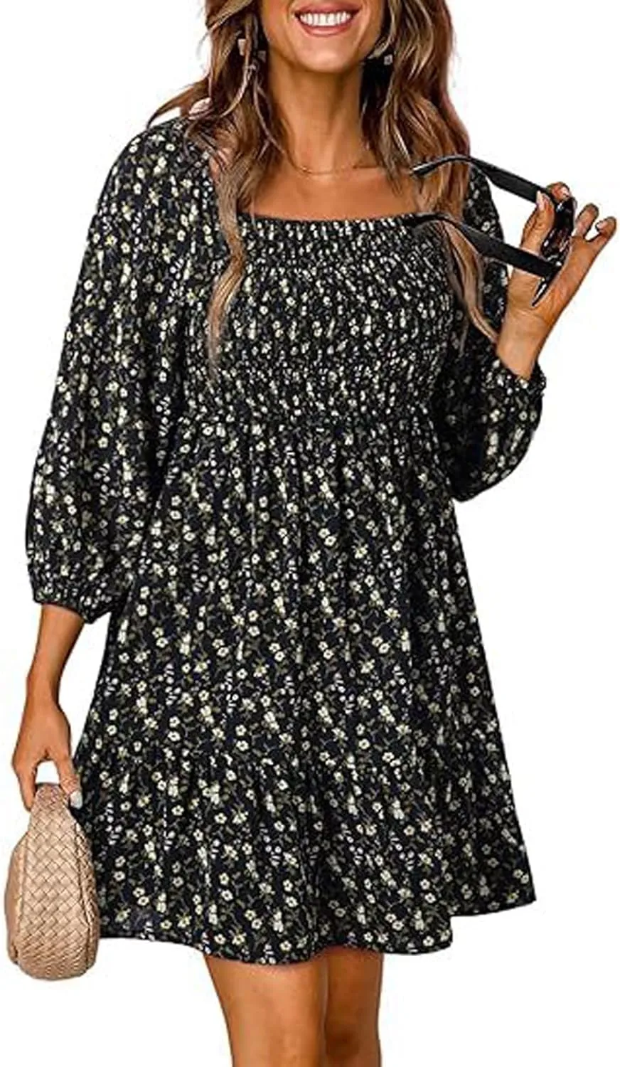 Women's Summer Casual Dresses Boho Floral Square Neck Smocked Swing Pleated Ruffle Beach Mini Babydoll Dress