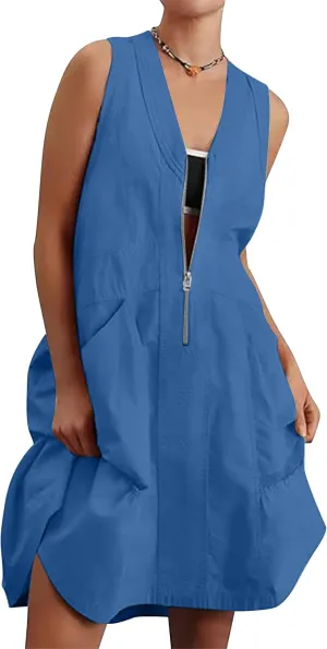 Womens Summer Half Zip Up Tank Mini Dress Sleeveless V Neck Sporty Utility Casual Dresses with Pockets