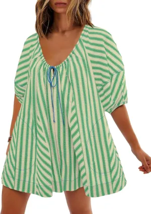 Womens Summer Striped Romper Casual Oversized Puff Sleeve Short Jumpsuits Overalls Beach Vacation Outfits