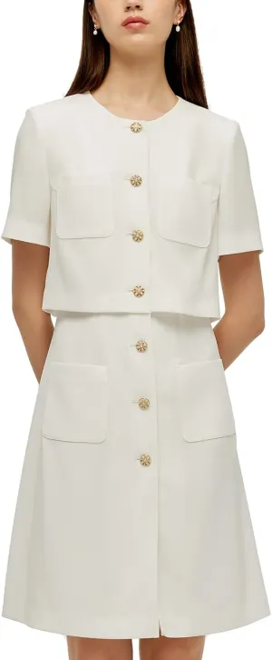 Women's Triacetate Mini Dress Summer Business Casual A Line V-Neck Button Dresses for Wedding Guest Teacher Work