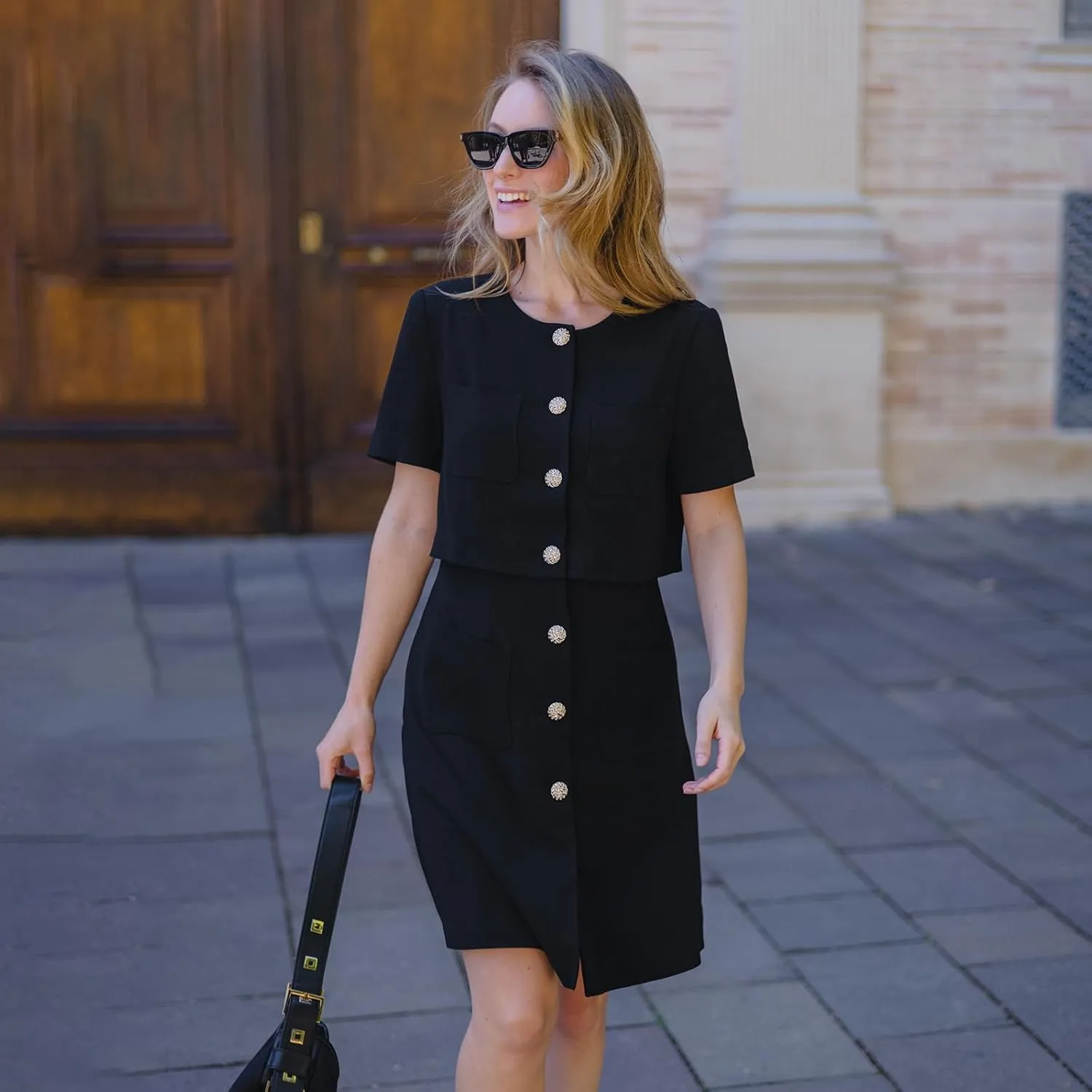 Women's Triacetate Mini Dress Summer Business Casual A Line V-Neck Button Dresses for Wedding Guest Teacher Work