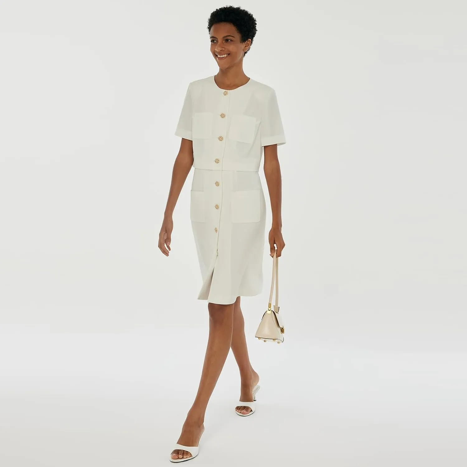 Women's Triacetate Mini Dress Summer Business Casual A Line V-Neck Button Dresses for Wedding Guest Teacher Work