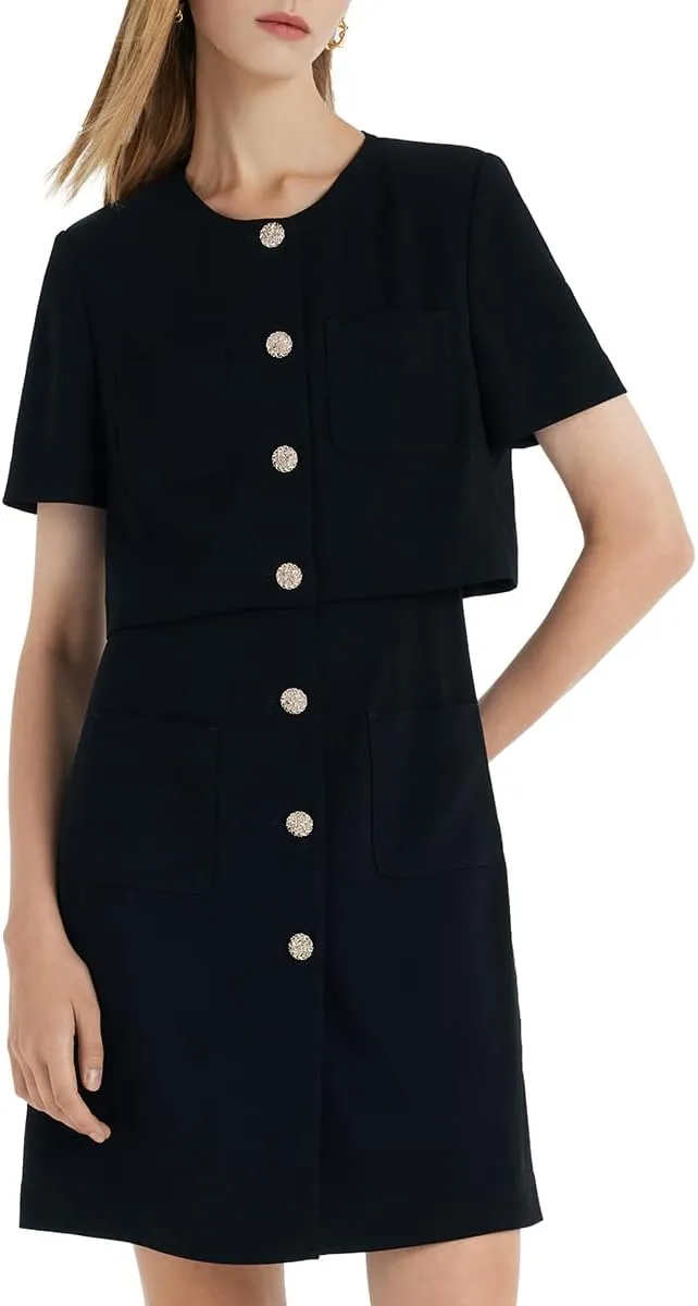 Women's Triacetate Mini Dress Summer Business Casual A Line V-Neck Button Dresses for Wedding Guest Teacher Work