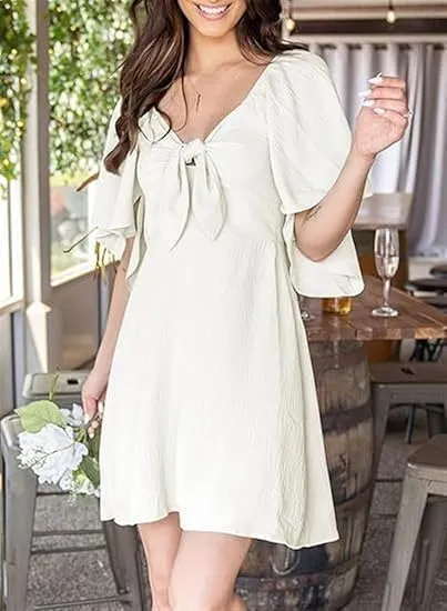 Women's V-Neck Bow Tie Short Sleeve Mini Dress Elegant Smocked Flowy A Line Dresses Summer Plus Size Sundress
