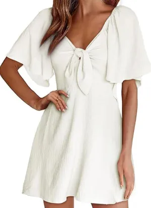 Women's V-Neck Bow Tie Short Sleeve Mini Dress Elegant Smocked Flowy A Line Dresses Summer Plus Size Sundress