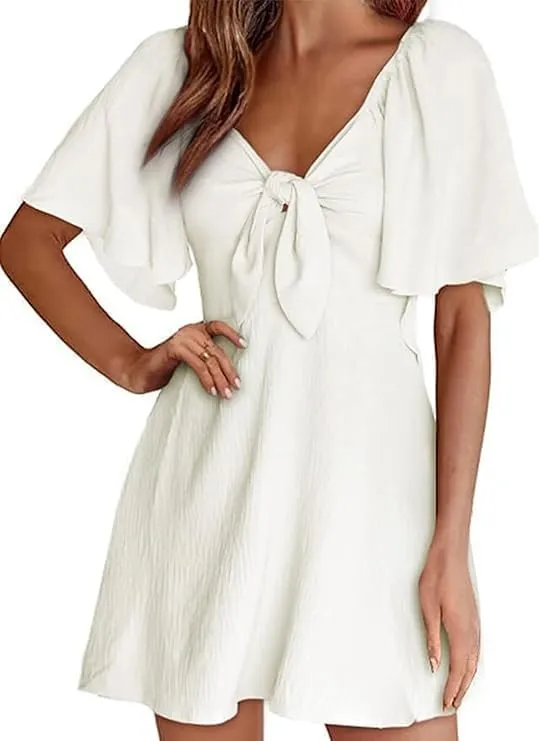 Women's V-Neck Bow Tie Short Sleeve Mini Dress Elegant Smocked Flowy A Line Dresses Summer Plus Size Sundress