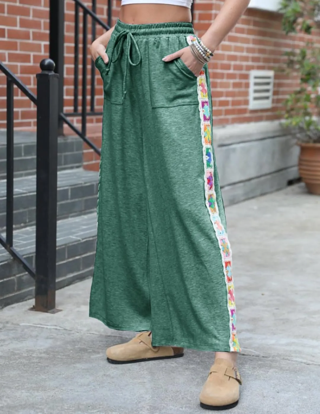 Womens Wide Leg Pants Stretch Casual Drawstring Waist Loose Lounge Sweatpants Crochet Panel Pant with Pocket