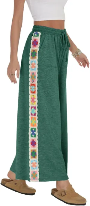 Womens Wide Leg Pants Stretch Casual Drawstring Waist Loose Lounge Sweatpants Crochet Panel Pant with Pocket