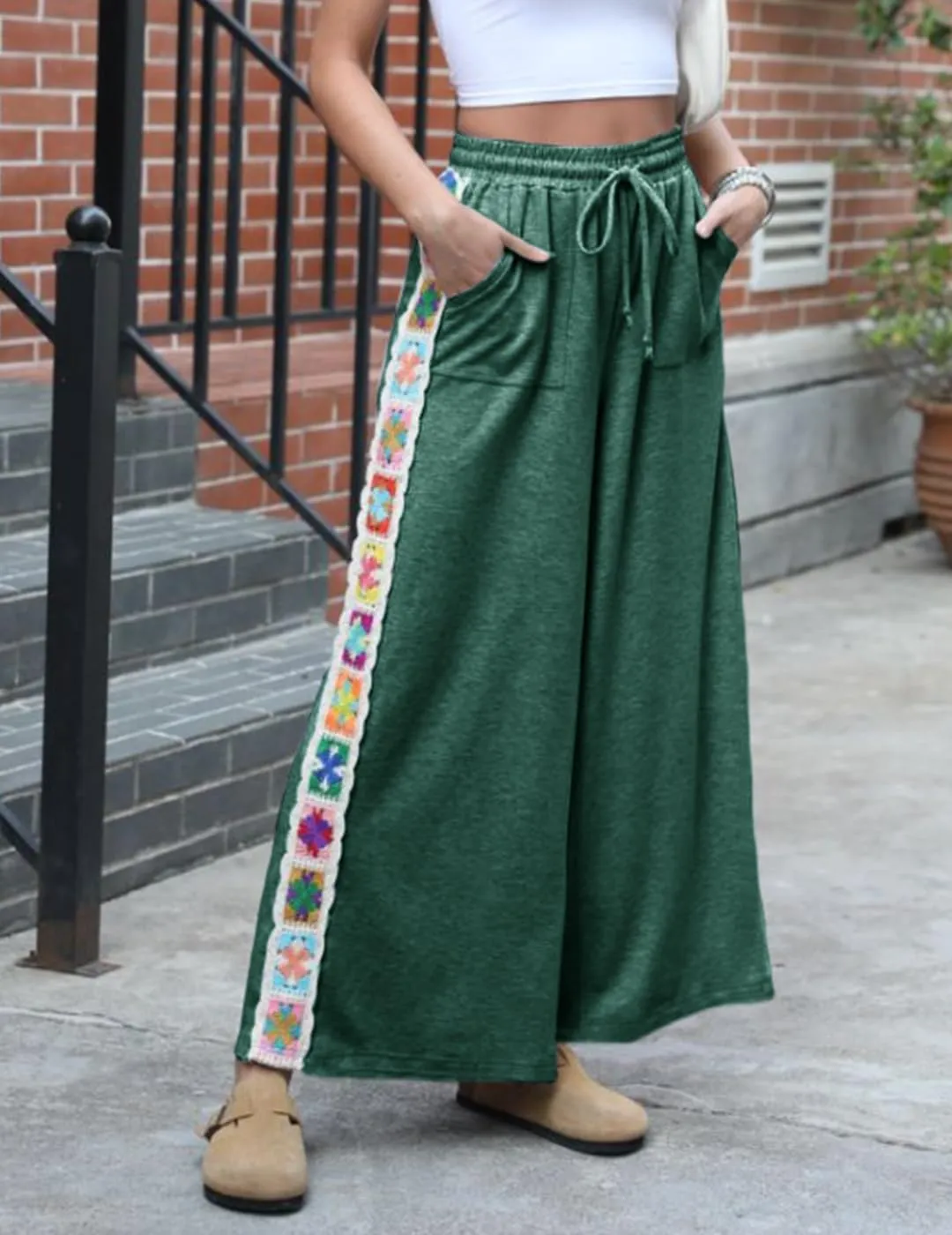 Womens Wide Leg Pants Stretch Casual Drawstring Waist Loose Lounge Sweatpants Crochet Panel Pant with Pocket