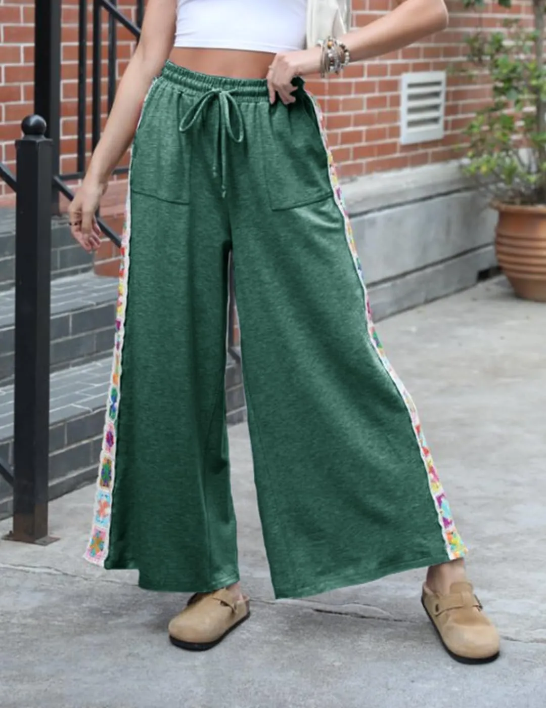 Womens Wide Leg Pants Stretch Casual Drawstring Waist Loose Lounge Sweatpants Crochet Panel Pant with Pocket