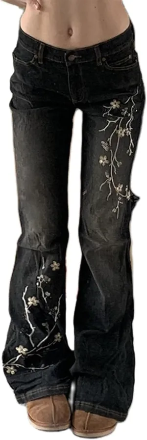 Womens Y2k Bootcut Jeans Pull On Wide Leg Stretch Washed Distressed Skinny Flare Pants Low Rise Trouser