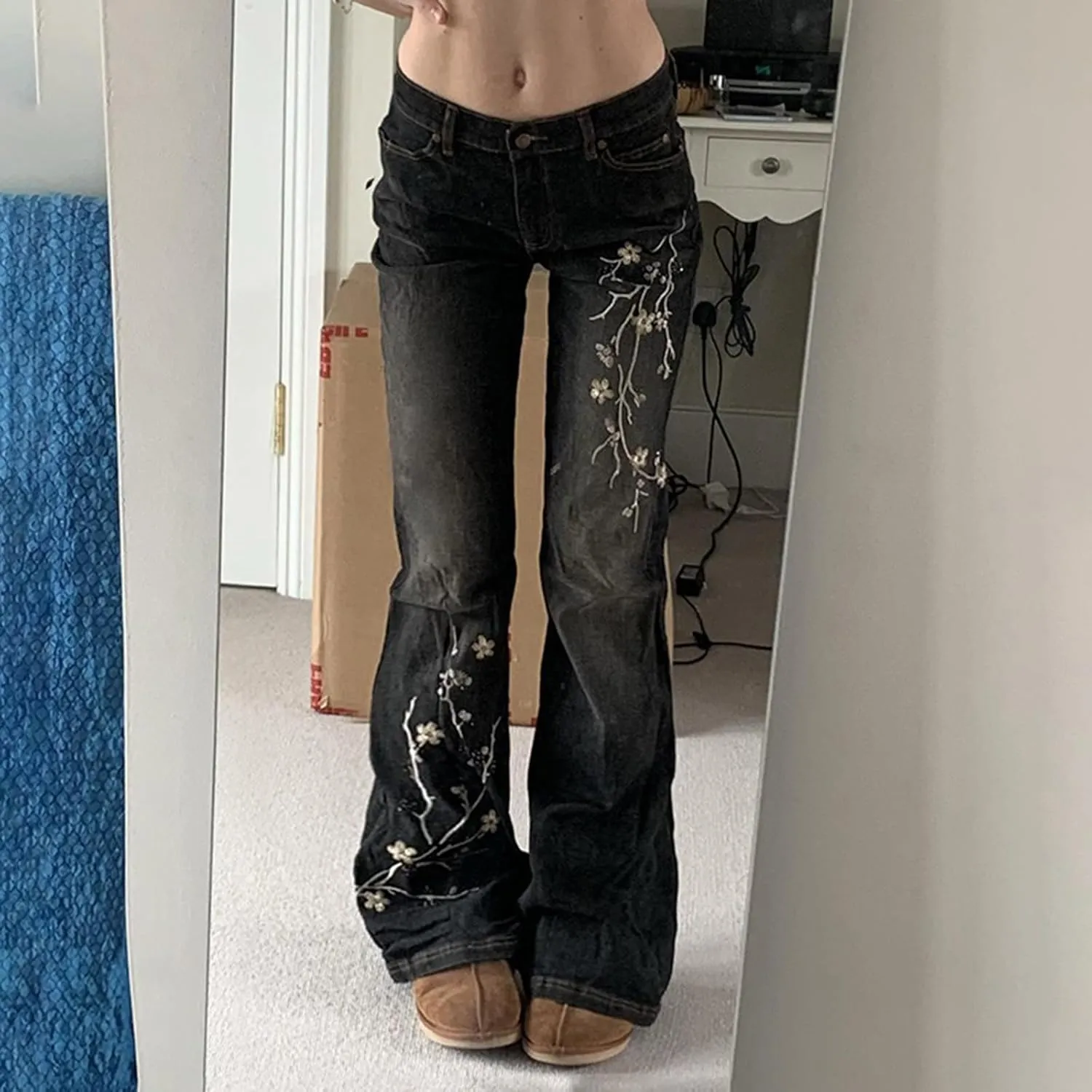 Womens Y2k Bootcut Jeans Pull On Wide Leg Stretch Washed Distressed Skinny Flare Pants Low Rise Trouser