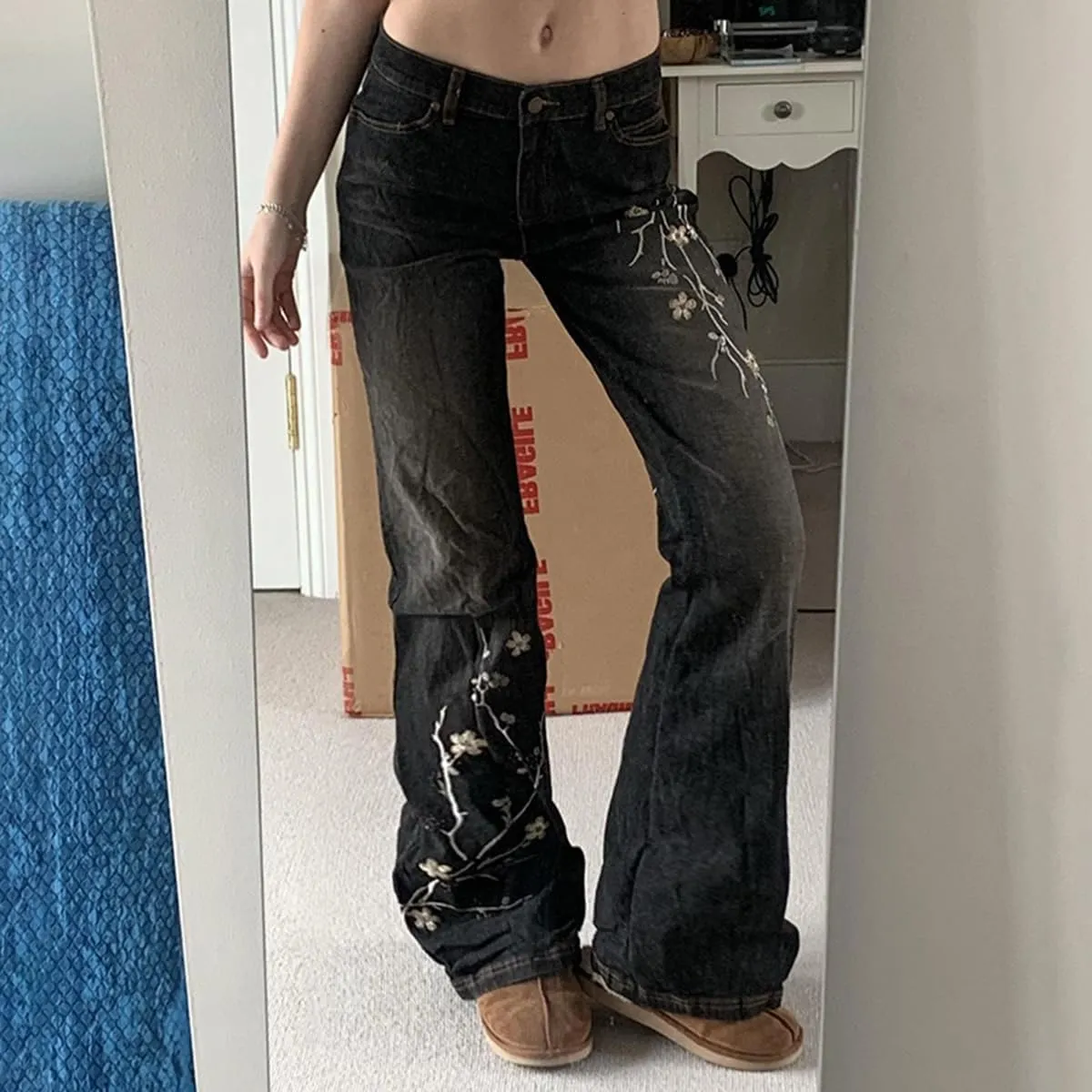 Womens Y2k Bootcut Jeans Pull On Wide Leg Stretch Washed Distressed Skinny Flare Pants Low Rise Trouser