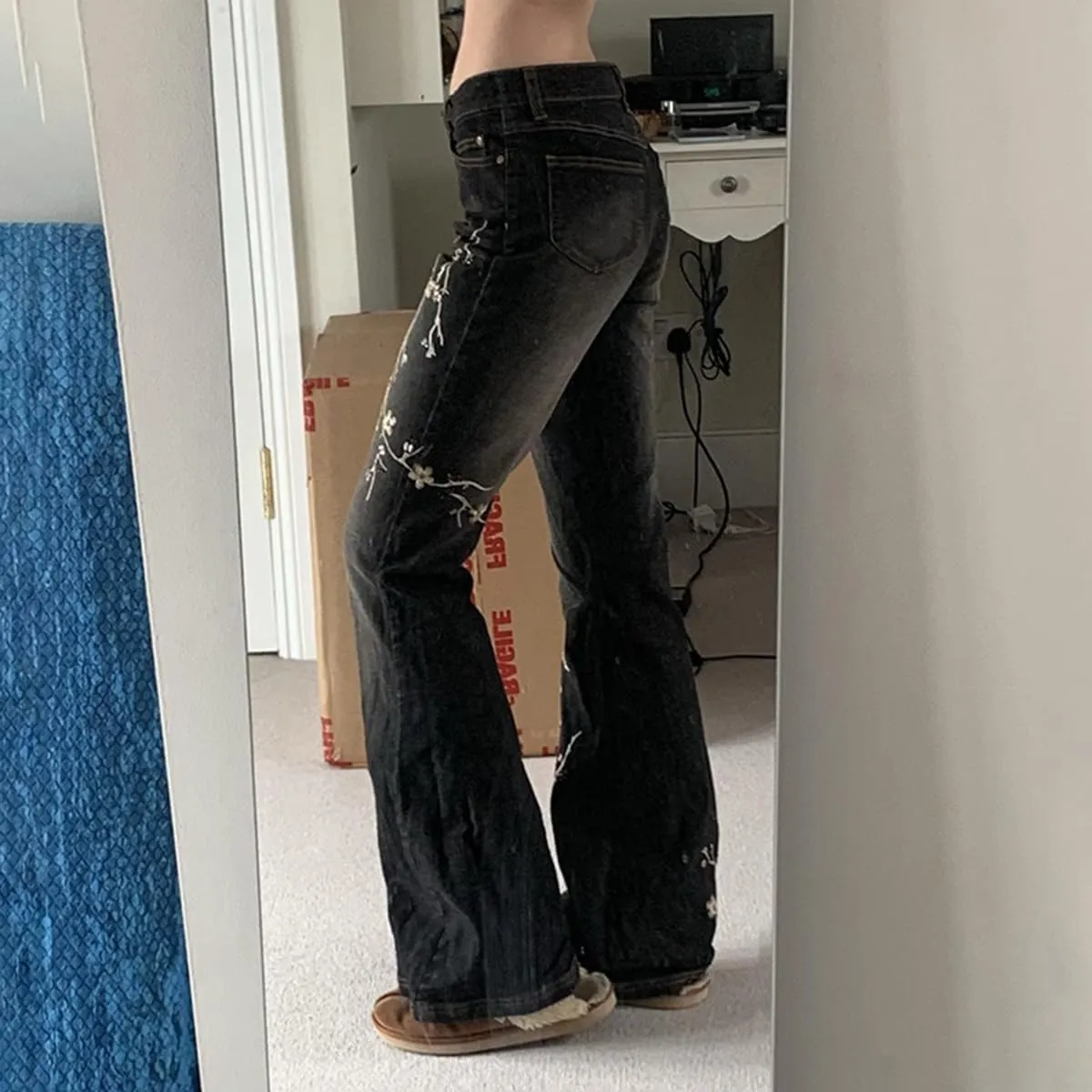Womens Y2k Bootcut Jeans Pull On Wide Leg Stretch Washed Distressed Skinny Flare Pants Low Rise Trouser