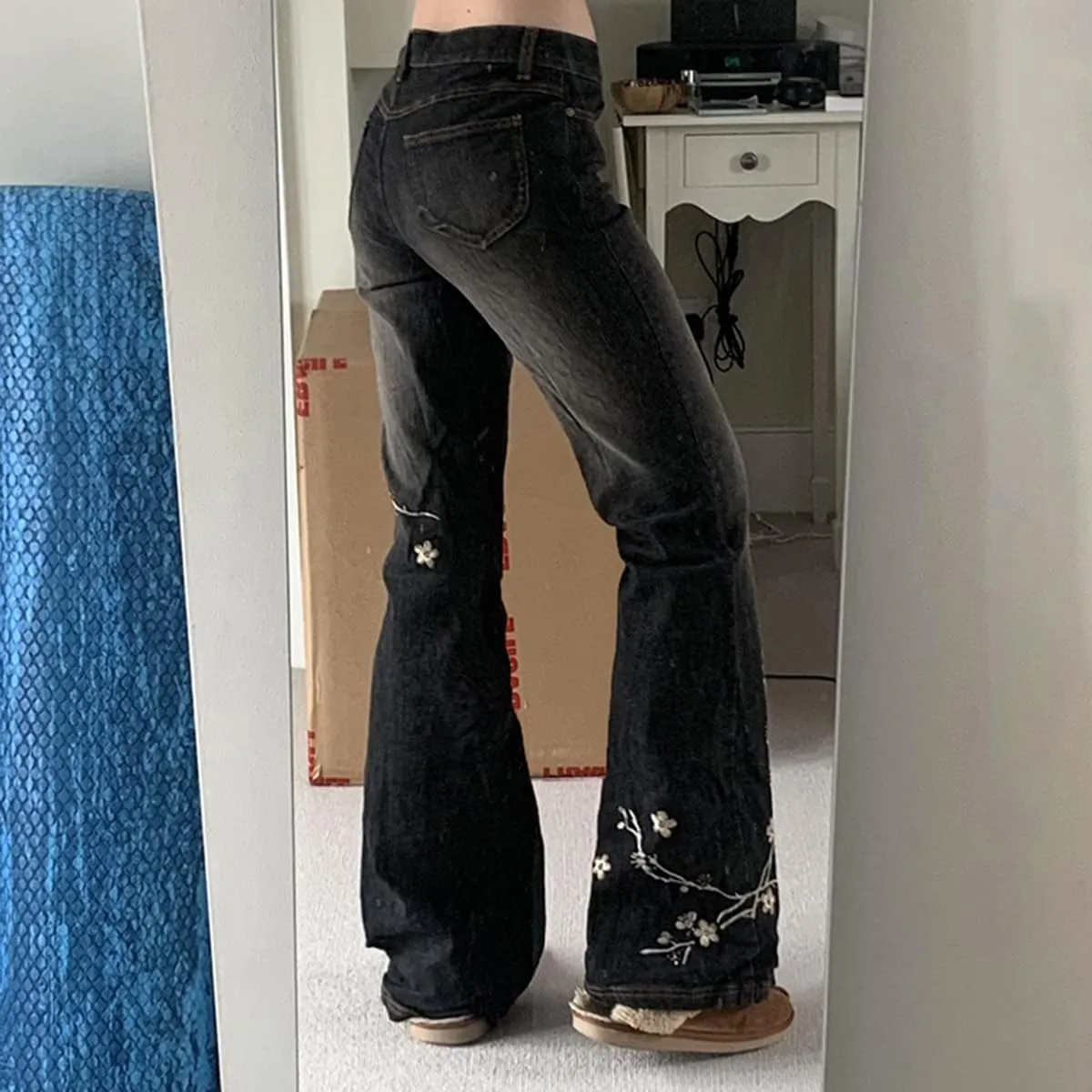 Womens Y2k Bootcut Jeans Pull On Wide Leg Stretch Washed Distressed Skinny Flare Pants Low Rise Trouser