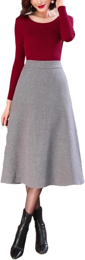 Woolen Skirt for Women's Midi Pleated Umbrella Office Knee Length Skirt
