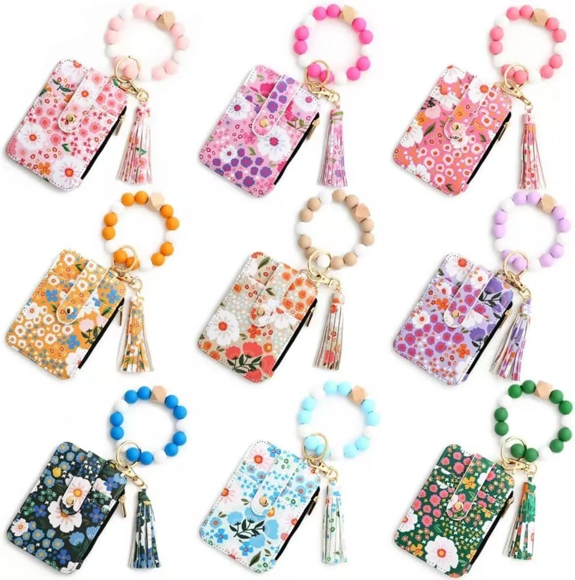 Wristlet Wallet, Women's Style Beaded & Tassel Charms Keychain with Flower Pattern Wallet, Fashion Wristband Accessories (Light Blue)