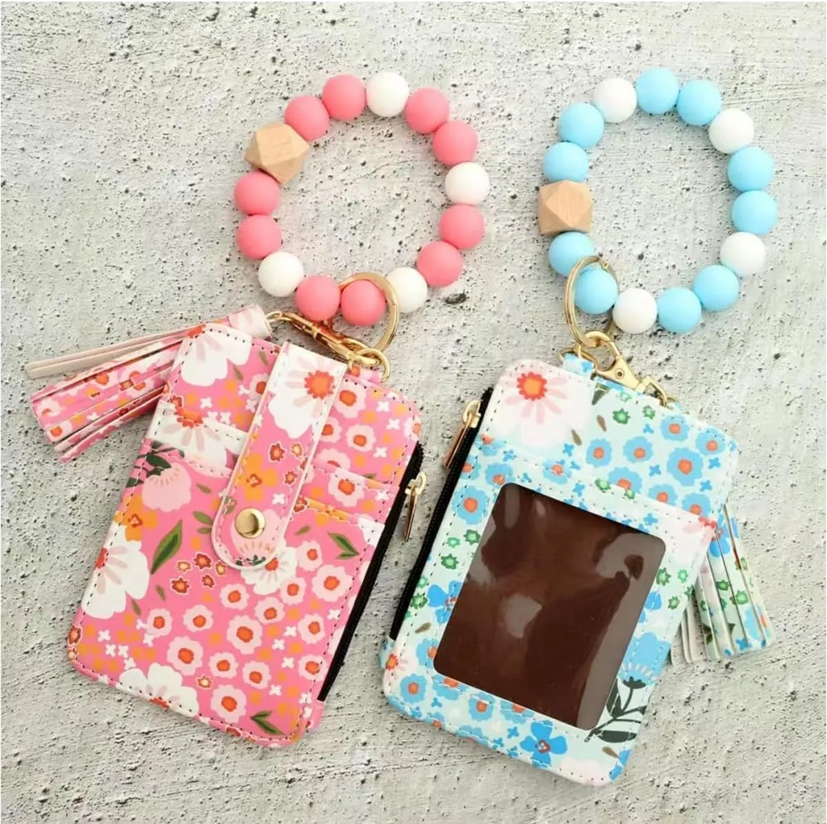 Wristlet Wallet, Women's Style Beaded & Tassel Charms Keychain with Flower Pattern Wallet, Fashion Wristband Accessories (Light Blue)