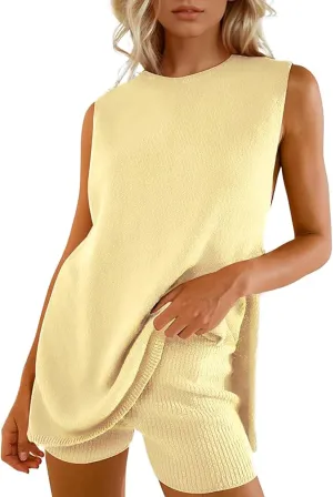 Wyeysyt 2 Piece Sets for Women Summer, Sweater Set Sleeveless Tunic Top and Shorts Beach Vacation Sets Tracksuits