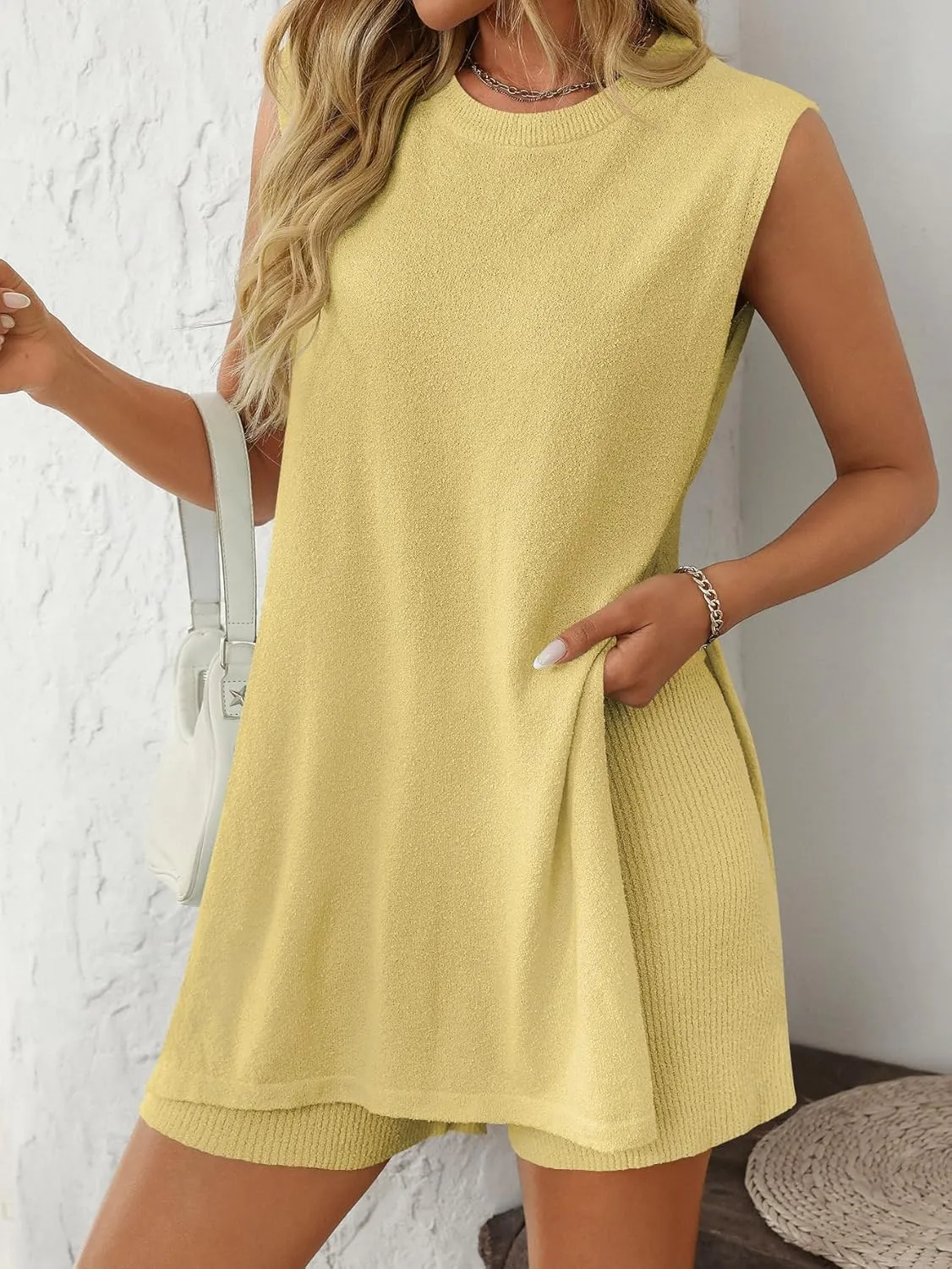 Wyeysyt 2 Piece Sets for Women Summer, Sweater Set Sleeveless Tunic Top and Shorts Beach Vacation Sets Tracksuits