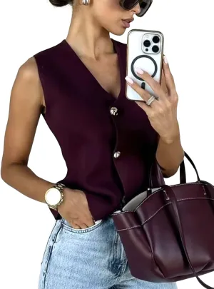 Wyeysyt Womens Vest Top Cropped Sleeveless Knit Vest Gold Button Down V Neck Vest Casual Plain Summer Waistcoat Cardigan