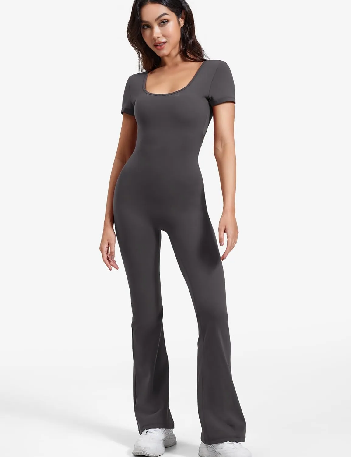YEOREO Women Workout Flare Jumpsuit Scrunch Butt V Back Short Sleeve Jumpsuits