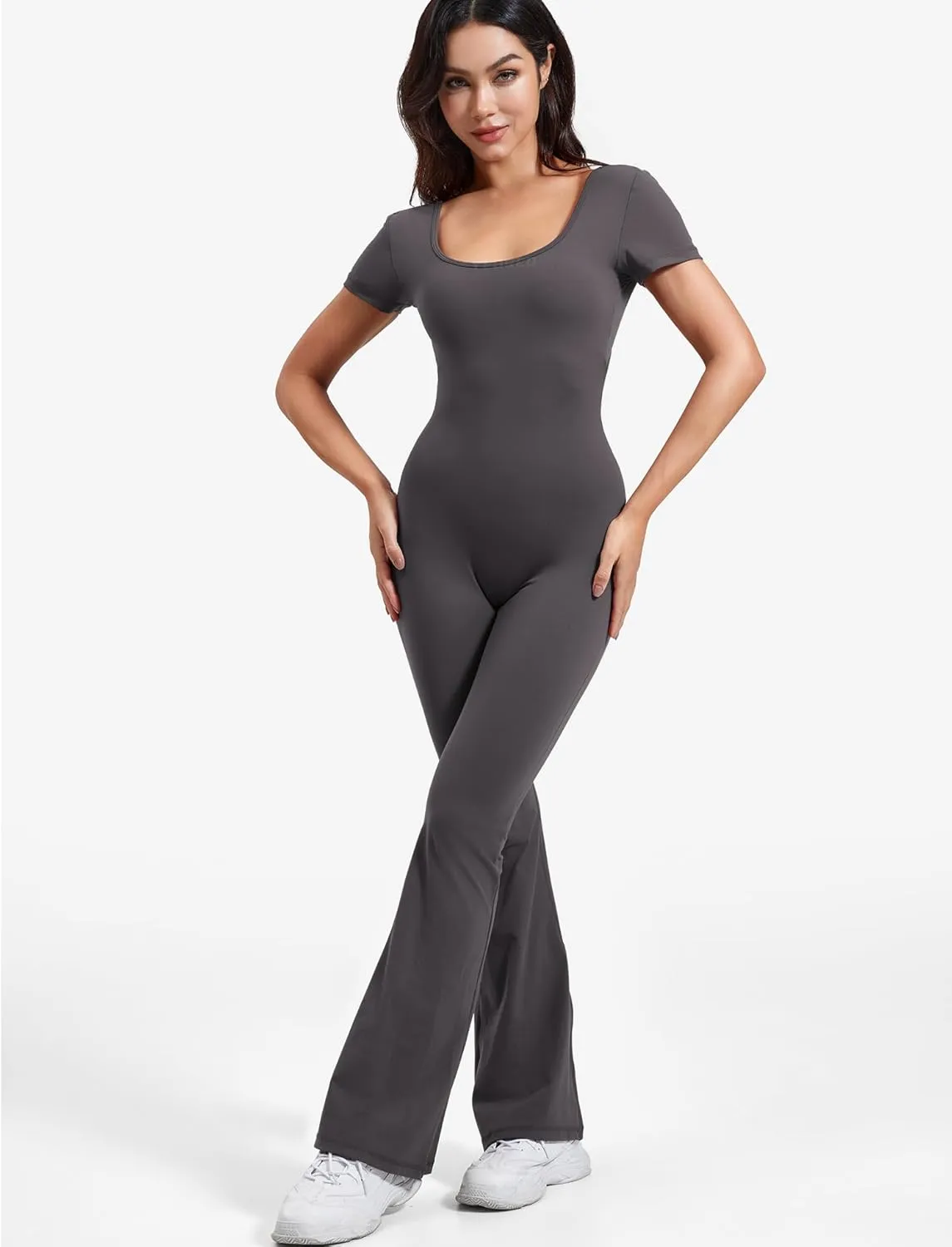 YEOREO Women Workout Flare Jumpsuit Scrunch Butt V Back Short Sleeve Jumpsuits