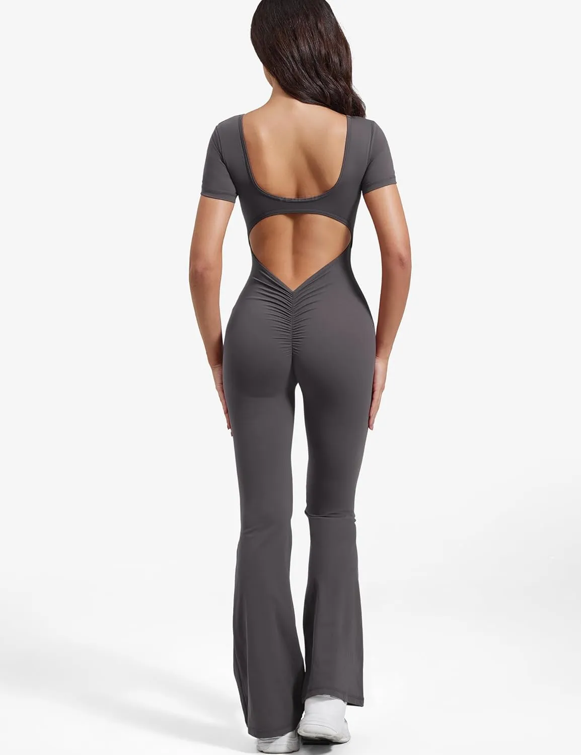 YEOREO Women Workout Flare Jumpsuit Scrunch Butt V Back Short Sleeve Jumpsuits