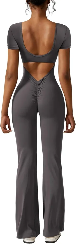 YEOREO Women Workout Flare Jumpsuit Scrunch Butt V Back Short Sleeve Jumpsuits