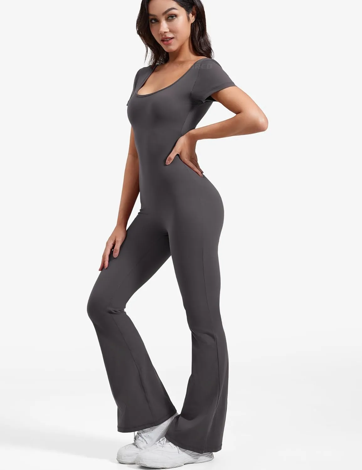 YEOREO Women Workout Flare Jumpsuit Scrunch Butt V Back Short Sleeve Jumpsuits