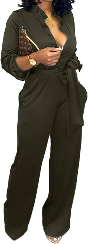 Yiershu Women's Jumpsuits Elegant Button Down Sexy V Neck Long Sleeve Bodycon Long Straight Pants With Belt