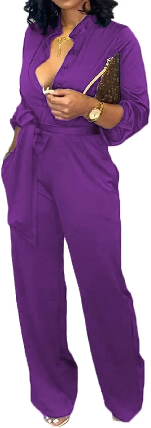 Yiershu Women's Jumpsuits Elegant Button Down Sexy V Neck Long Sleeve Bodycon Long Straight Pants With Belt