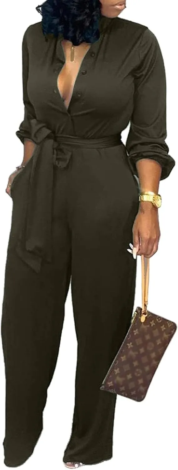 Yiershu Women's Jumpsuits Elegant Button Down Sexy V Neck Long Sleeve Bodycon Long Straight Pants With Belt