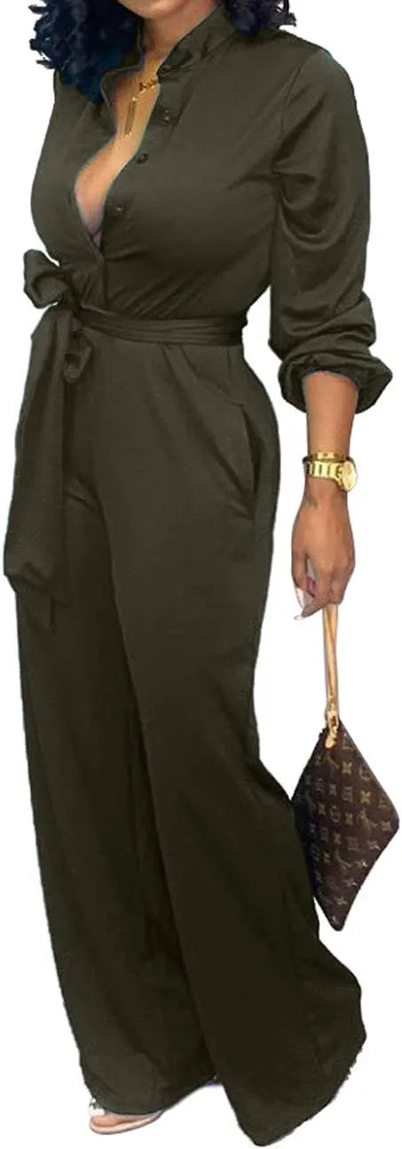 Yiershu Women's Jumpsuits Elegant Button Down Sexy V Neck Long Sleeve Bodycon Long Straight Pants With Belt