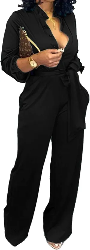 Yiershu Women's Jumpsuits Elegant Button Down Sexy V Neck Long Sleeve Bodycon Long Straight Pants With Belt